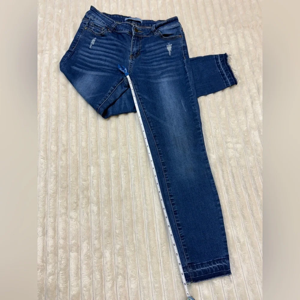 Wax Jean: Junior Distressed Blue High Rise Skinny Jean, Raw Hem Ankle, Size 9